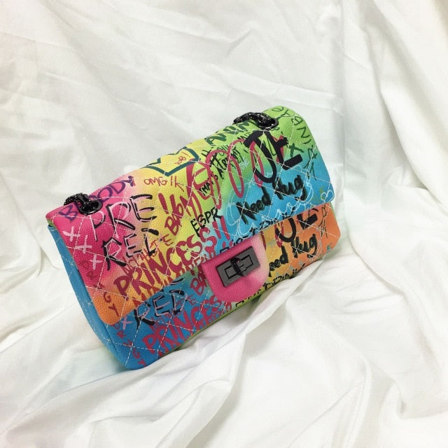 Women's bag 2019 new color graffiti printing shoulder bag fashion travel bag luxury chain