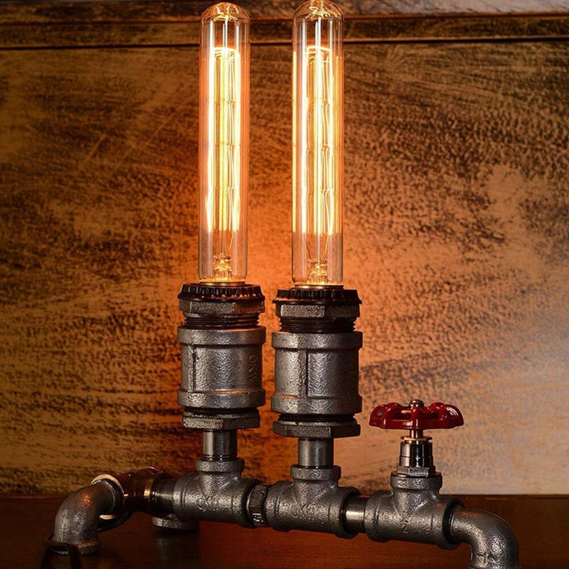 Vintage Industrial Wrought Iron Table Light, Antique Water Pipe Steampunk Metal Living Room Bar Cafe Table Lamp in Rust - Antique Global