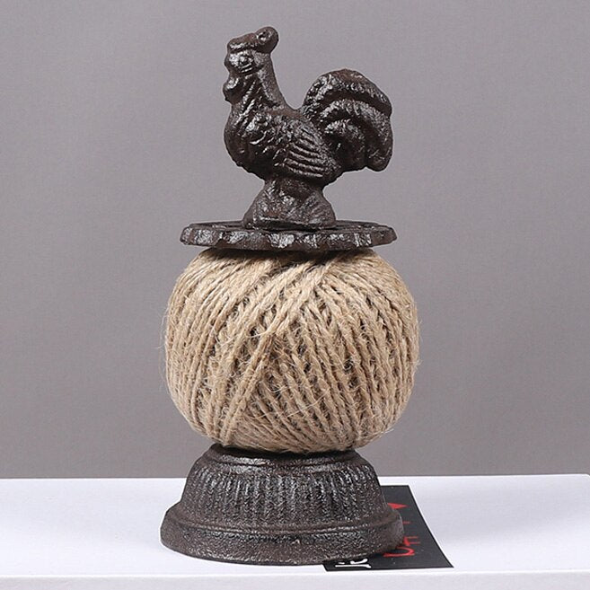 European Accents Antique Rustic Handmade Home Tabletop Decor Cast Iron Big Size Rooster Figure Design Hemp Rope Roll Holder