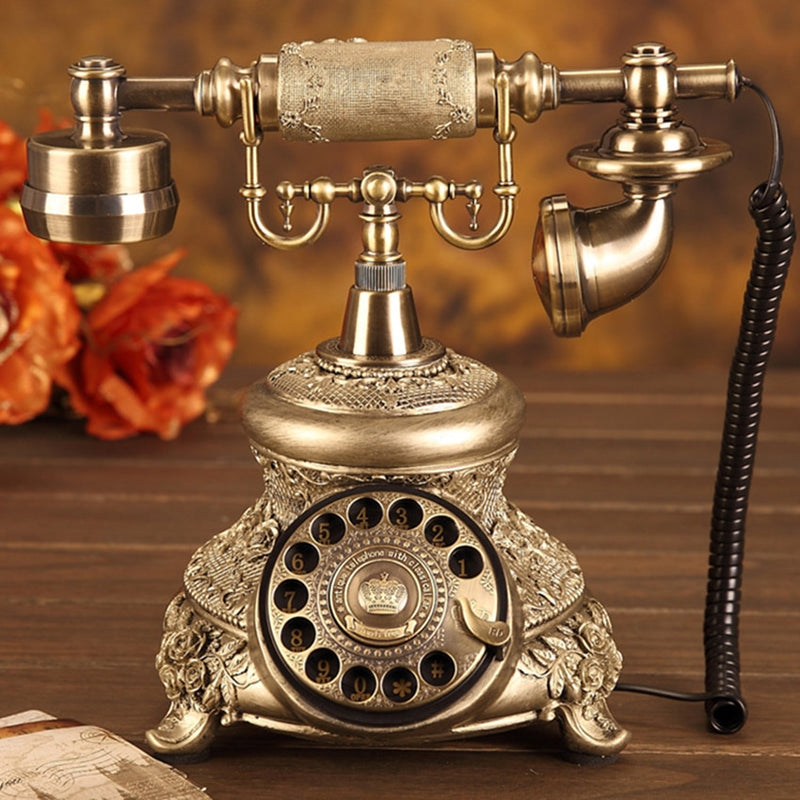 Antique Golden Corded Telephone Retro Vintage Rotary Dial Desk Telephone - Antiques Global