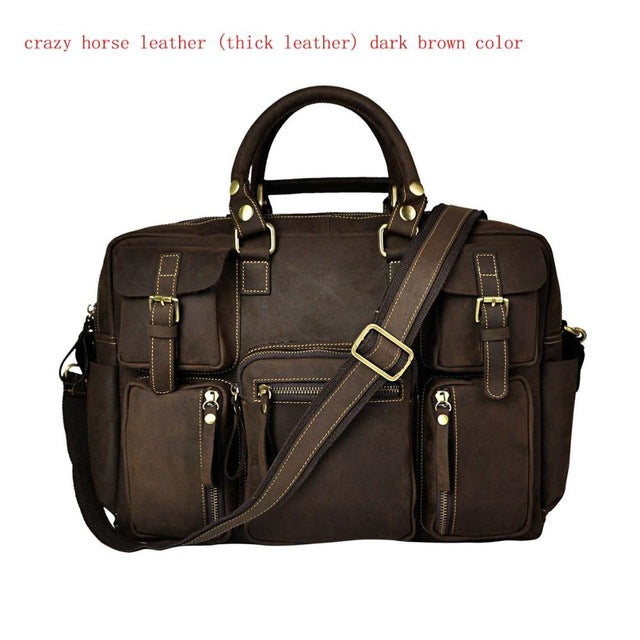 Men Real Leather Antique Large Capacity Travel Briefcase Business 15.6" Laptop Case - Antiques Global