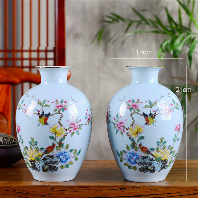 Symmetrical Vase Antique Ceramic Vase Flowers and Birds Patterns