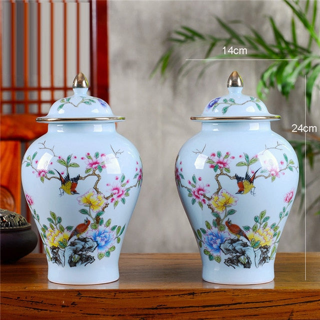 Symmetrical Vase Antique Ceramic Vase Flowers and Birds Patterns