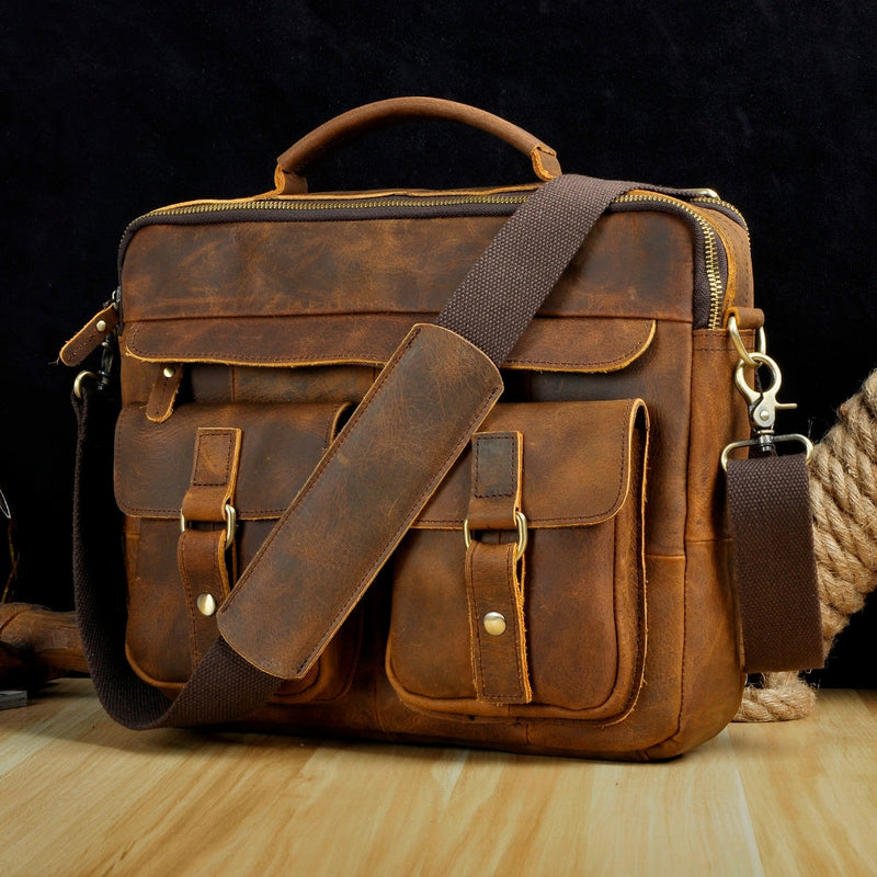 Men Real Leather Antique Style Coffee Briefcase Business 13" Laptop Cases Attache Messenger Bags Portfolio B207-d - Antiques Global